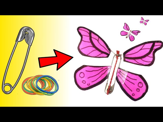 How to make flying butterfly with safety pin, rubber band and paper - Flying butterfly paper craft