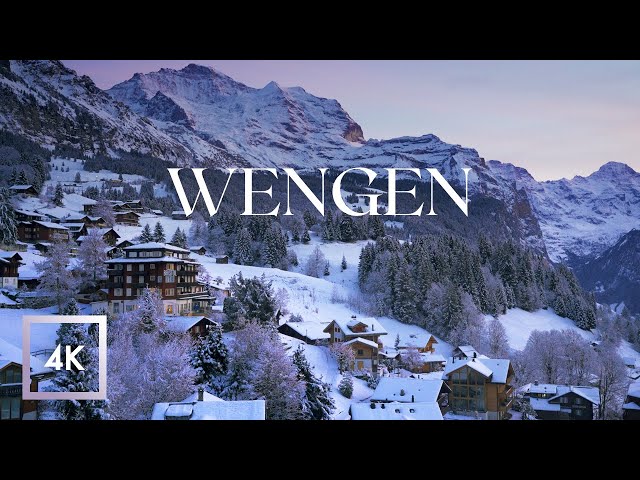 Relaxing Snowy Wengen Village, Lauterbrunnen, Switzerland 4K HDR, Winter Snow Walk