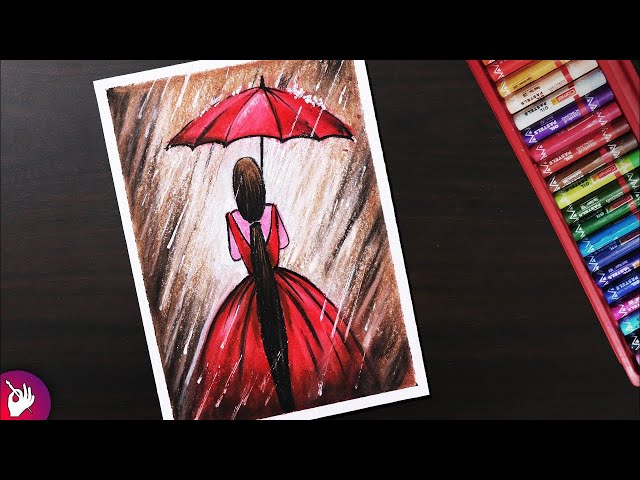 Rainy season scenery drawing for beginners with oil pastels - Girl in Rain