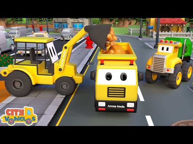 Construction vehicles build a car wash  —excavator, wheel loader, mixer and dump truck for kids