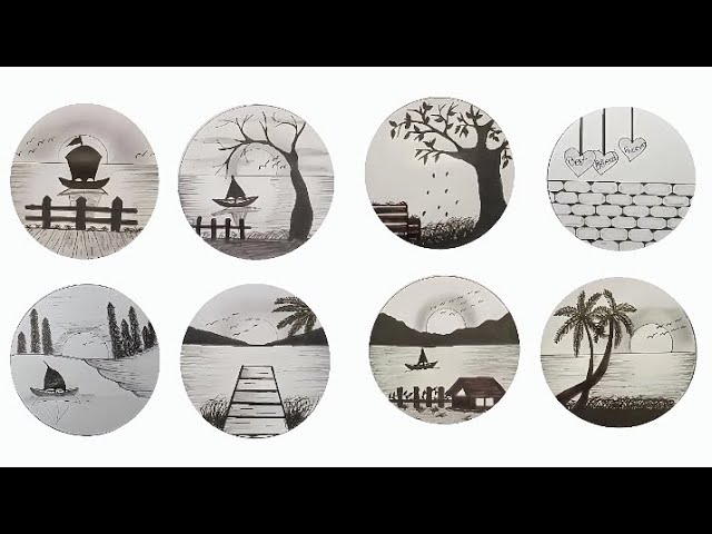 Easy 8 circle scenery drawing ideas || Pencil drawing in a easy drawing || Fatima Islam Drawing Zone