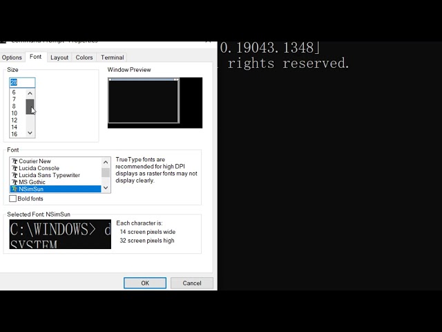 How to change command prompt font size in windows 10