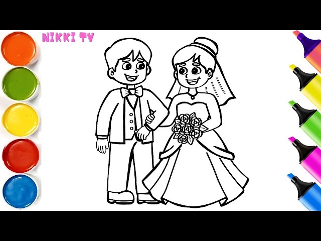 Cute Bride & Groom Drawing, Painting, Coloring for Kids and Toddlers | Bride & Groom Drawing Easy
