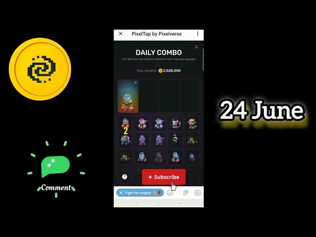 Pixel tap by pixelverse daily combo 24 June 2024 100% complection
