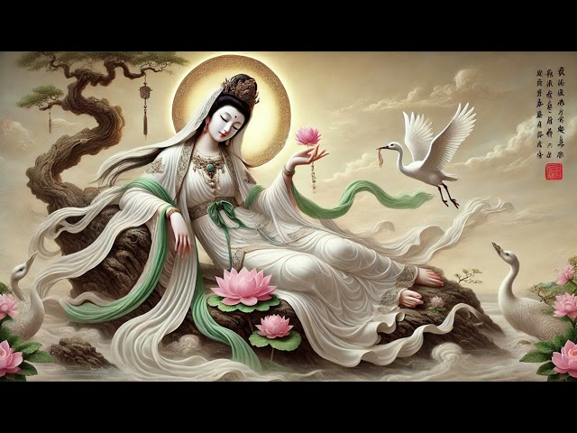 观音菩萨安详而优雅，斜倚在岩石上。观音身着飘逸的白色长袍，饰有绿色腰带和精致的配饰。头部环绕着光环，强调观音的神圣和宁静。 #中文 #治愈 #冥想 #音乐 #tiktok #vpn #chatgpt