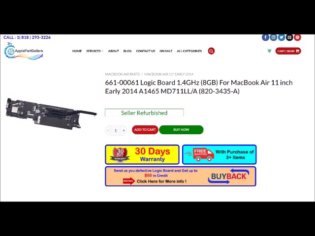 661-00061 Logic Board 1.4GHz (8GB) MacBook Air 11 inch Early 2014 A1465 MD711LL/A (820-3435-A)