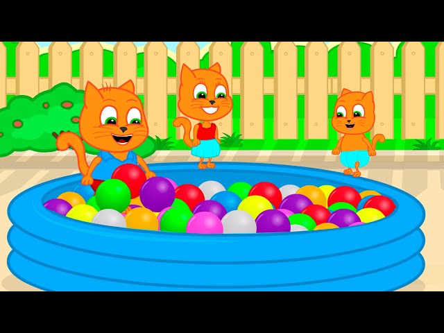 Cats Family in English - Pool with colorful balls Cartoon for Kids
