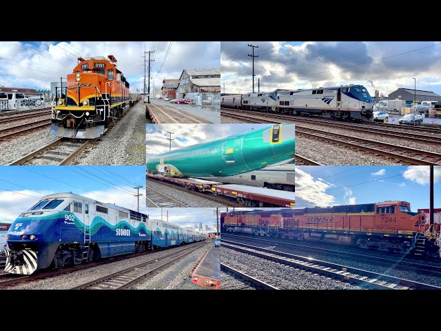 Seattle Trains: BNSF MoW Creates Backup for Sounder, Grain Unit, Empire Builder, 737 Fuselages 60fps