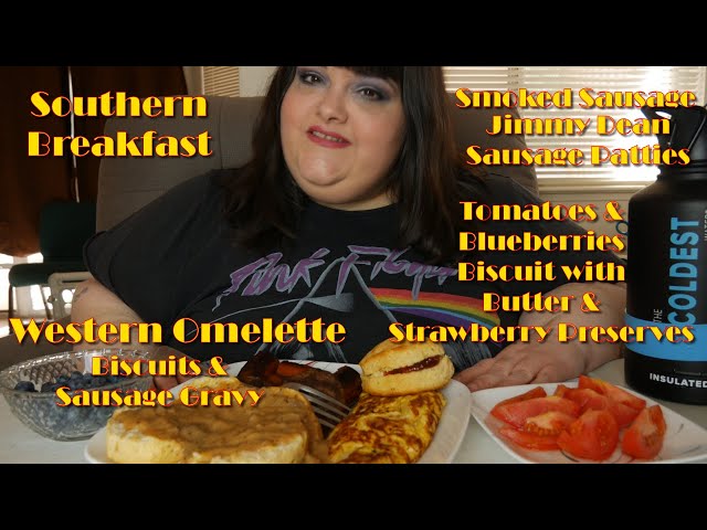 Southern Breakfast Western Omelette - Biscuits and Jimmy Dean Sausage Gravy - Smoked Sausage Mukbang
