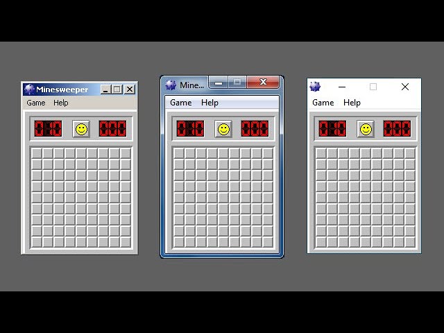 How much of the Minesweeper title can each Windows theme fit?