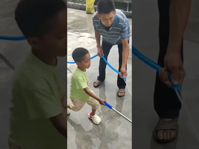 There are professional workers at home to clean up, and there are two grandsons outside