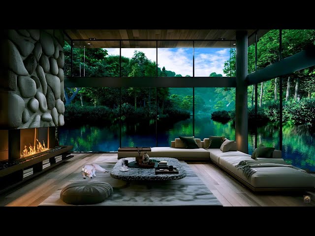 Relaxing Jazz Background Music: Luxurious Cozy Living Room With Beautiful Lake View, Relax, Work 🌺
