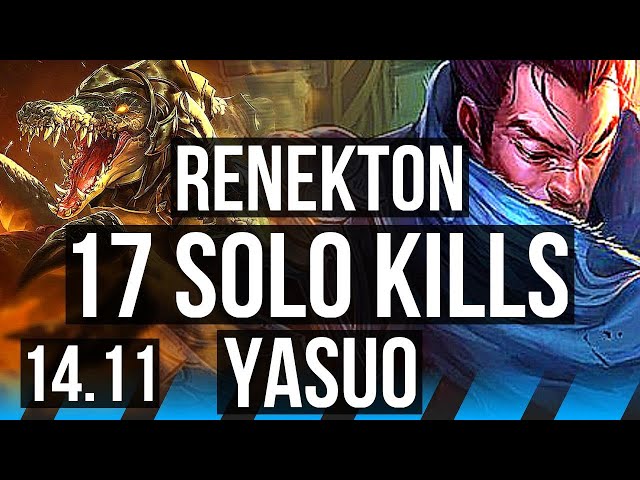 RENEKTON vs YASUO (MID) | 17 solo kills, 22/2/1, Legendary | KR Grandmaster | 14.11