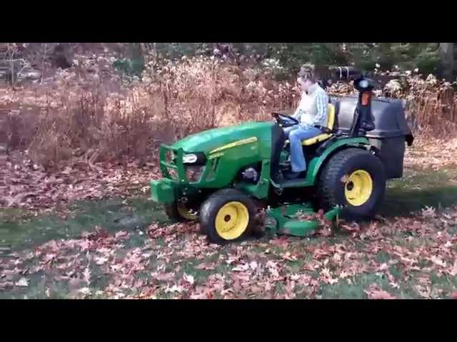John Deere 2032R & 62D Mower with 3 Bag Material Collection System Clearing Leaves