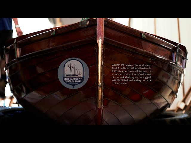WHIFFLER – a 14ft day-sailer newly restored wooden boat – leaves the workshop