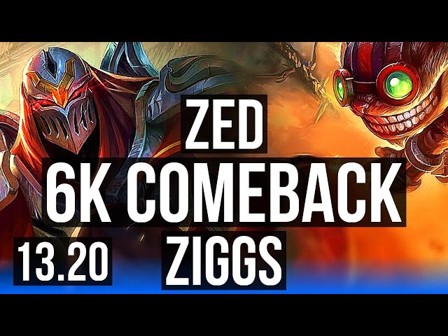 ZED vs ZIGGS (MID) | Comeback, 1900+ games, 6 solo kills, 1.6M mastery | EUW Grandmaster | 13.20