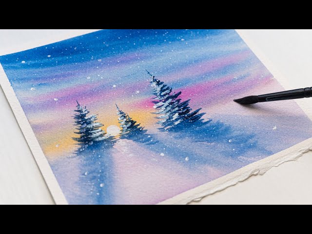 Watercolor Painting for Beginners / Winter Sunset Scenery / Step by Step Tutorial