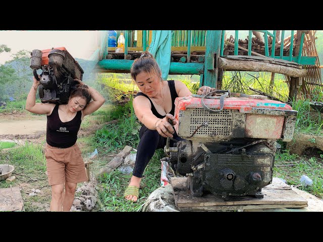 The girl helped the farmer in the village repair the tractor engine - Restoring the diesel engine