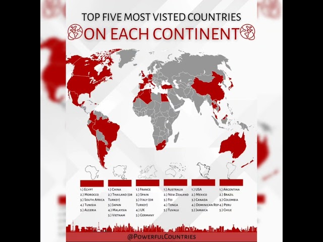 Top five most visited countries on each continent! #map #visits #countries #continent #youtubeshorts