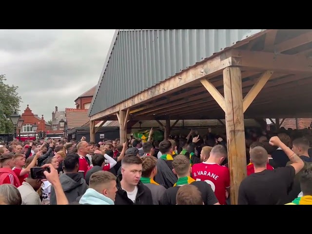 “Joel Glazer’s gonna die” now being sung by Manchester United supporters inside the Tollgate.