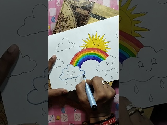 Beautiful rainbow ,sun, cloud and raindrops drawing using brush pen.#shorts #sasmitacreativegallery