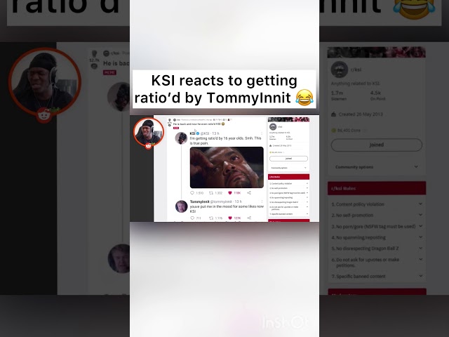 KSI reacts to getting ratio’d by TommyInnit 😂 #shorts