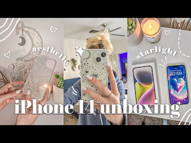 iPhone 14 (starlight 128gb) aesthetic unboxing + setup, accessories, camera test 🤍
