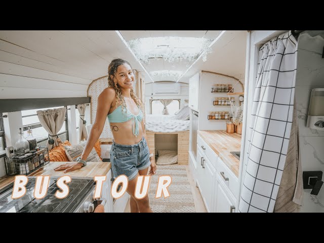 Teacher Builds 5 Window Skoolie Into Her Full Time Tiny Home (Bus Tour)