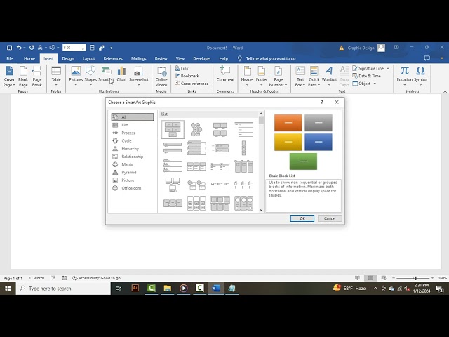 How to insert a vertical box list SmartArt graphic in word