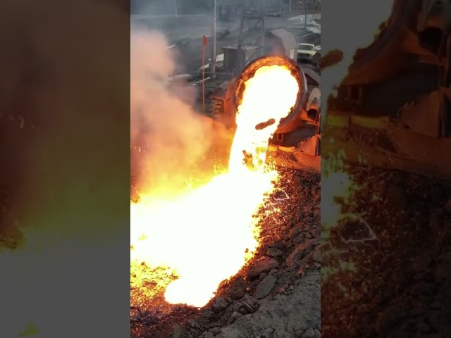 Dumping hot slag at a steel mill for cooling and processing#shorts