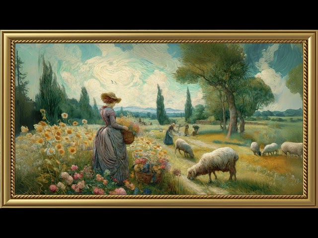 Vintage Woman Picking Flowers Painting | Frame TV Art Screensaver for TV Wallpaper