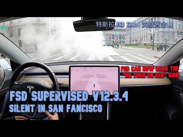 FSD supervised 12.3.4 finally read "no turn on red" sign in busy San Francisco streets