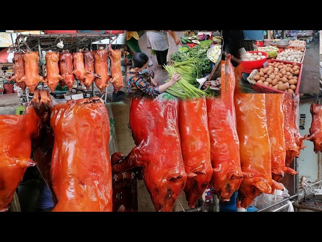 Week Day, Roasted Whole Pigs, Ducks & More STREET FOOD @ Orussey Market, PHNOM PENH Cambodia 2022