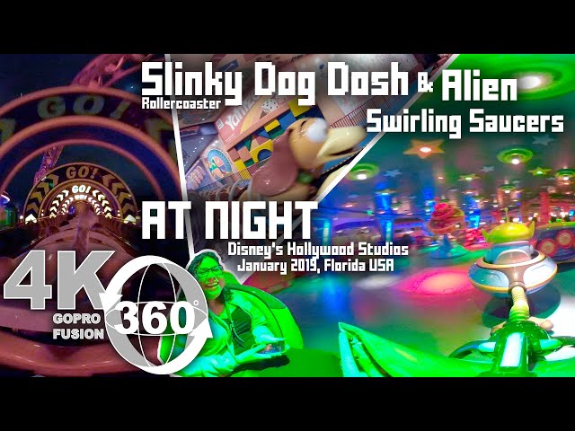 Slinky Dog Dash and Alien Swirling Saucers in 360 Video at night  | VR Full Ride-Through
