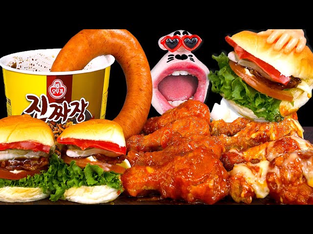 Supreme Chicken, Mini Burger, Kielbasa Black Bean Noodle ASMR Mukbang Eating Show
