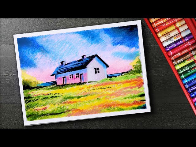 How to draw Scenery - Village house - Oil pastel painting
