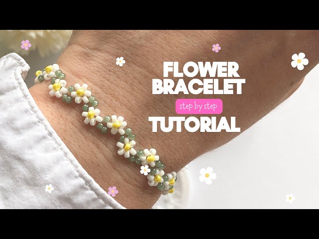 flower bracelet step by step tutorial, how to make beaded flower bracelet