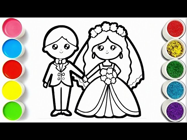 Cute Bride & Groom Drawing, Painting Colouring For Kids Toddlers | How to Draw Bride & Groom Easy.