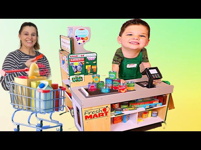 CALEB & MOMMY PRETEND PLAY SHOPPING with GROCERY STORE and FOOD TOYS FOR KIDS!