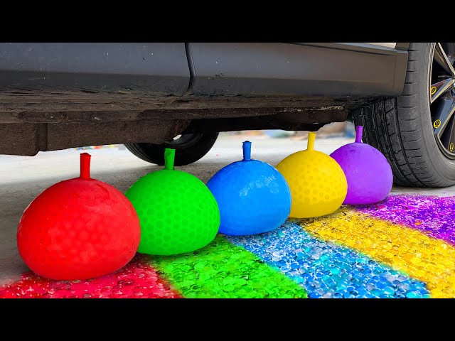 Crushing Crunchy & Soft Things by Car! EXPERIENCE Rainbow colored water balloons
