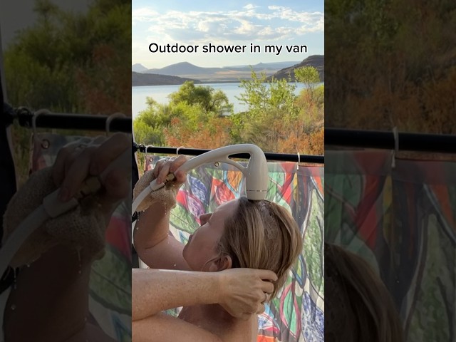 Here’s how I take an outdoor shower #vanlife #outdoorshower #solis