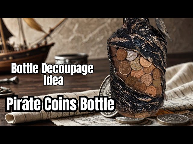DIY Pirate Coins Decoupage Bottle | Unique Gift Idea with 3D Napkin Texture!