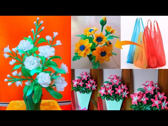 How to make beautiful flowers 🌻 with waste plastic shopping bag very easy handcraft tutorial videos