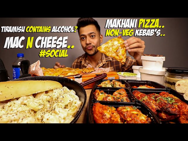 Mac n Cheese With Makhani Margherita Pizza, Mutton Seekh Kebab, Chicken Tikka, Tandoori Eggs, Desert
