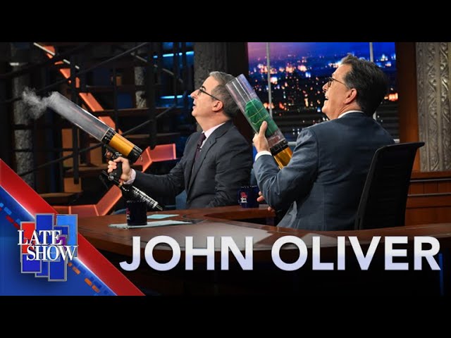 John Oliver Launches Strike Force Five Merch At Stephen Colbert’s Audience