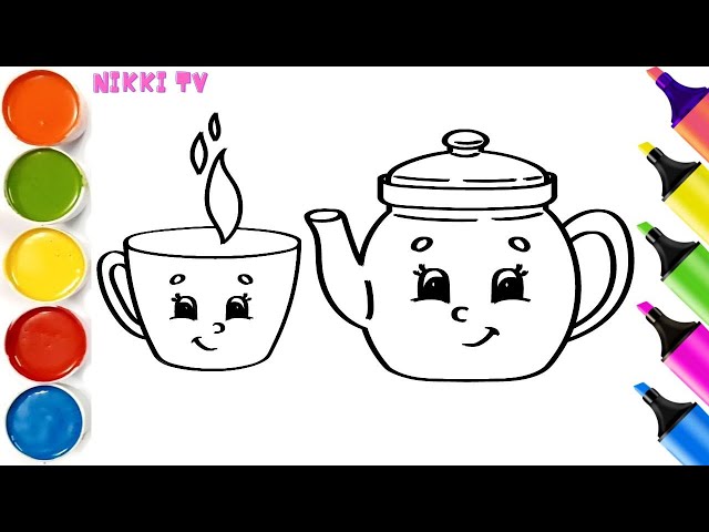Cute Tea Cup and Teapot Easy and Beautiful drawing easy with colours
