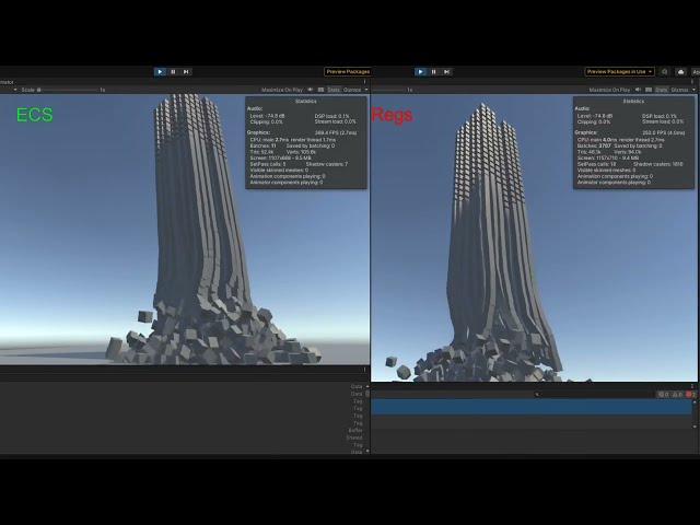 Unity3D - ECS DOTS Test - 2100 Cubes Falling - Entities vs Gameobjects