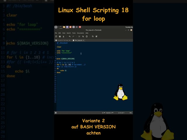 Linux Shell Scripting 18 - for loop  Variante 2/  auf BASH Version achten!!!