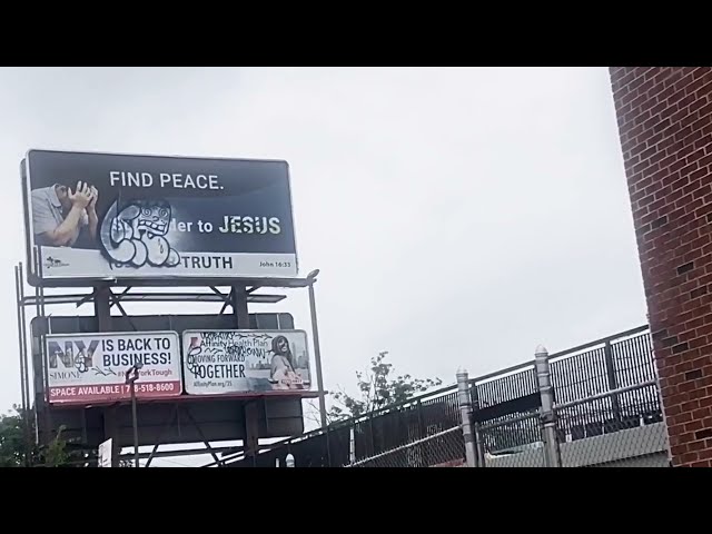 South Bronx GRAFFITI Bombing Street Art *Find Peace JESUS Billboard* tag hit NYC