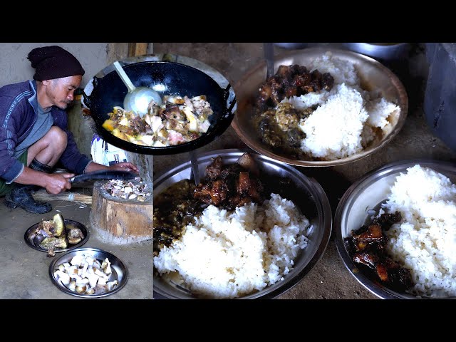 village Pork curry and rice cooking having || Life in rural Nepal ||